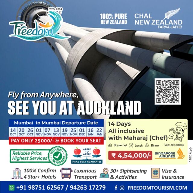 🎉 DISCOVER NEW ZEALAND WITH FREEDOM TOURISM THIS SEASON! 🎉
14-Day New Zealand Group Tour: Fly to Auckland from ANYWHERE!

Departure from Mumbai:
Upcoming Dates:

October: 14, 20, 26
November: 01, 07, 13, 19, 25
December: 01
January: 16, 22
Why Choose Freedom Tourism?
🚍 14 Days of Adventure: Explore New Zealand’s breathtaking beauty with our expertly planned itinerary.
🏨 4-Star+ Accommodations: Relax in luxurious hotels for a stay to remember.
🚗 Premium Transport: Travel in comfort with high-quality transportation.
🎢 30+ Attractions: Experience over 30 thrilling activities and must-see spots throughout New Zealand.
🛂 Visa & Insurance Covered: We’ve got all the paperwork sorted so you can enjoy stress-free travel.
🍽 All-Inclusive Meals by Maharaj (Chef): Delight in pure vegetarian & Jain meals, covering breakfast, lunch, and dinner.

All-Inclusive Package: Starting at ₹4,54,000/-
Fly with Singapore Airlines for a world-class travel experience!

For Bookings:
📞 Call: +91 98751 62567 / +91 94263 17279
📄 Download the itinerary: https://bit.ly/FreedomNZ_24-25

OFFICE ADDRESS:
601, Abhishree Avenue, Nr. Nehrunagar Circle, Opp. Hanumanji Temple, Ambawadi, Ahmedabad-380015

🌏 Chal New Zealand Farva Jaiye!
Join us for a lifetime of memories in New Zealand with Freedom Tourism – your trusted partner for amazing group tours!

#NewZealandDreams #FreedomTourismAdventures #LuxuryTravelAwaits #VegAndJainFriendly #ExploreNZWithUs #HassleFreeTravel #ExperienceNewZealand #GroupTourExcitement