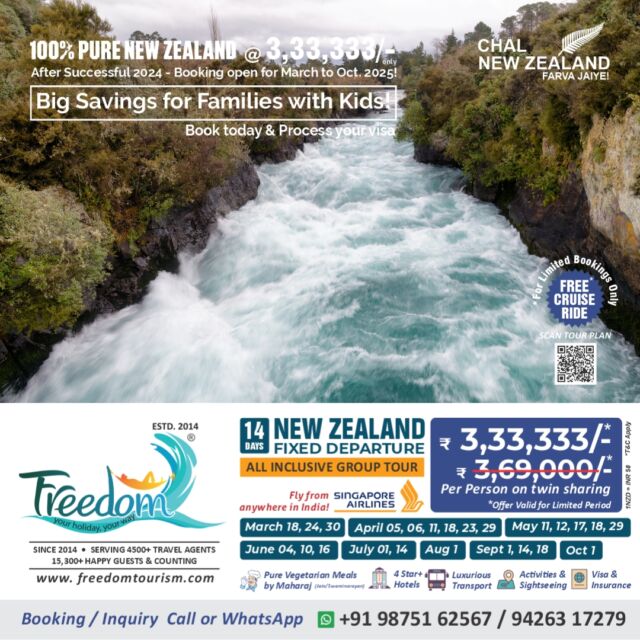 🌍 Embark on a New Zealand Adventure! 🌏
Experience 100% Pure New Zealand for only ₹3,33,333 on our exclusive 14-Day Group Tour! The success of 2024 continues, and Bookings are Now Open for March to October 2025!

🛫 Fixed Group Departures with Singapore Airlines – travel from anywhere in India to the wonders of New Zealand!

🗓 Departure Dates:
March: 18, 24, 30 | April: 5, 6, 11, 18, 23, 29
May: 11, 12, 17, 18, 29 | June: 4, 10, 16
July: 1, 14 | August: 1 | September: 1, 14, 18 | October: 1

What’s Included:
✈️ Return Airfare with Singapore Airlines
🥗 Jain/Swaminarayan Pure Veg Meals by Maharaj
🏨 Stay in Premium 4-Star+ Hotels
🚐 Luxurious Transfers & Private Transportation
🏞 Exciting Activities & Scenic Tours
📄 Comprehensive Visa & Insurance Package
🌟 Discover New Zealand’s Must-See Destinations:
Explore Auckland, Waitomo, Rotorua, Taupo, Queenstown, Mount Cook, Twizel, Christchurch, Hanmer Springs, and more!

🎟 Top Activities Include:

- Sky Tower
- Auckland City Tour
- Waitomo Glowworm Caves
- Geothermal Sites
- Agrodome Sheep Show
- Skyline Gondola Ride
- Thrilling Jet Boat Experience
- Milford Sound Cruise with Lunch
- Wanaka’s Puzzling World
- Antarctic Center Adventure
- Thermal Pools & Spa Access
- Optional 20-Min Scenic Helicopter Flight

🚶‍♂️ Don’t Miss These Iconic Sights:
From Lake Rotorua and Redwood Forest to Huka Falls, Homer Tunnel, Lake Tekapo, and majestic Mount Cook!

💥 Why Travel with Us?
✅ Competitive Private Tour Options
✅ Premium Mercedes-Benz Mini Buses
✅ Direct Payments to NZ Banks – Save on GST & TCS
✅ 100% Jain Group – No restaurant food, only trusted meals
✅ Special Boiled Water & Chauviyaar Food

For Booking & Inquiries:
📞 Call/WhatsApp: +91 98751 62567 / 94263 17279

✨ FREEDOM TOURISM
601, Abhishree Avenue, Nehrunagar, Ahmedabad-15
Locations: Ahmedabad, Auckland, Christchurch, Queenstown, Dunedin

🌟 Reserve Your Spot & Experience New Zealand Like Never Before! 🌟
#pureNZ #ExploreNZ #NZGroupTours #FreedomTourism #newzealand